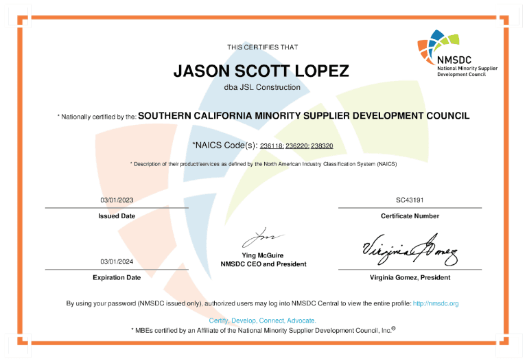 NMSDC Minority Business Enterprise Certificate - JSL Construction
